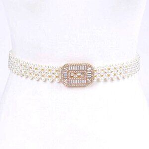 BNWT Brand New Crystal Buckle Faux Pearl Elastic Belt Bridal Belt Stretch Belt